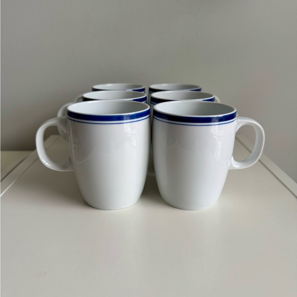6 Brasserie by Crate & Barrel Porcelain Mugs White, Dark Blue Band, Pinstripe